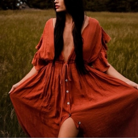 **LAST ONE** Boho Plunging Neck Gauze Cover Up Photoshoot Maternity Maxi Dress - Picture 12 of 13